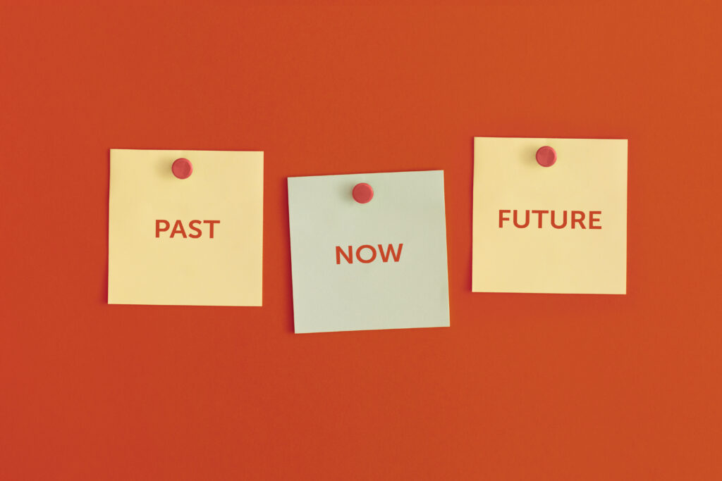 Sticky notes with the word 'past' 'now' and 'future' on them.